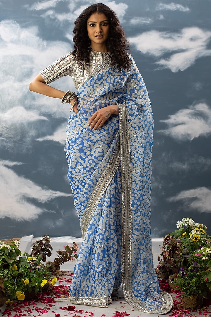 Blue Organza Floral Printed & Hand Embroidered Saree Set by Saksham and Neharicka