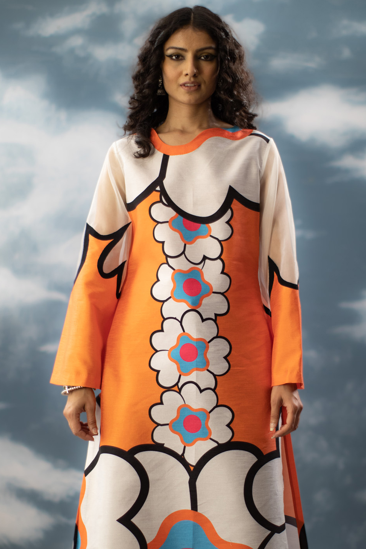 Orange Dupion Printed Kurta by Saksham and Neharicka at Pernia's Pop Up Shop