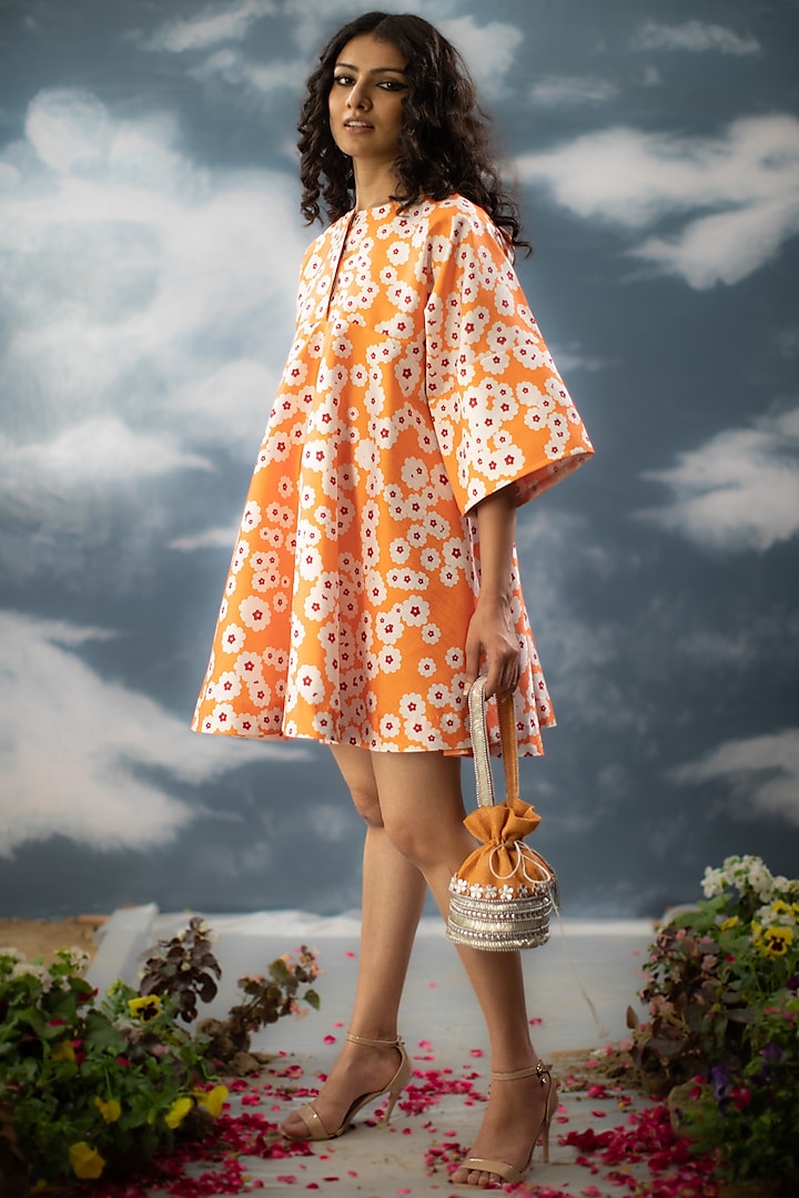 Orange Dupion Printed Dress by Saksham and Neharicka