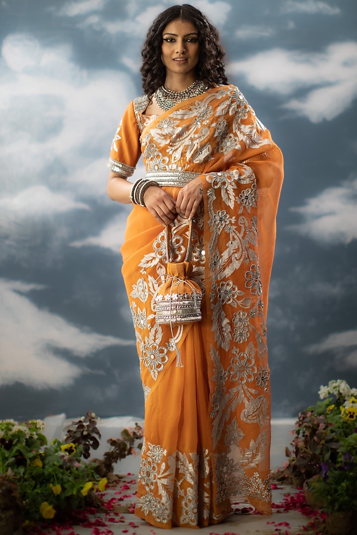 Orange Silk Organza Hand Embroidered Saree Set by Saksham and Neharicka