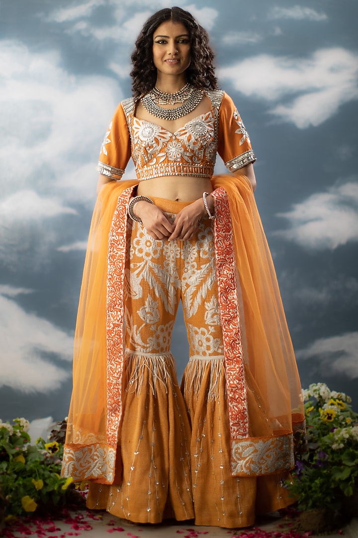 Orange Chanderi Hand Embroidered Blouse by Saksham and Neharicka at Pernia's Pop Up Shop