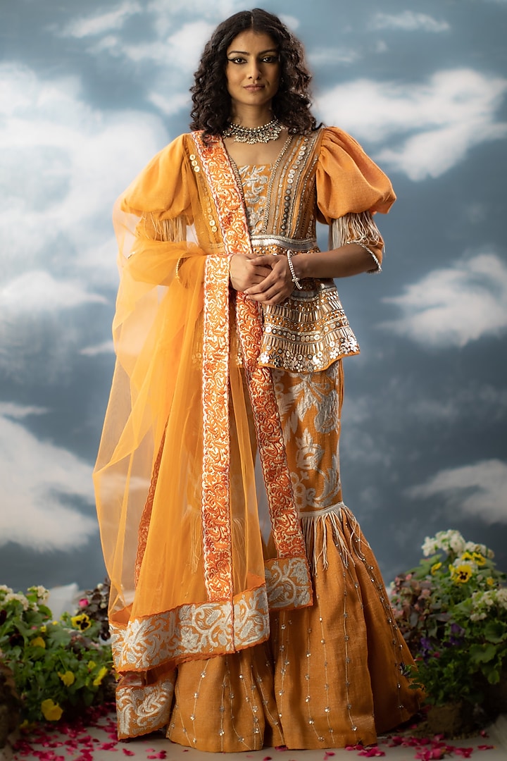Orange Cotton Zari Hand Embroidered Gharara Set by Saksham and Neharicka