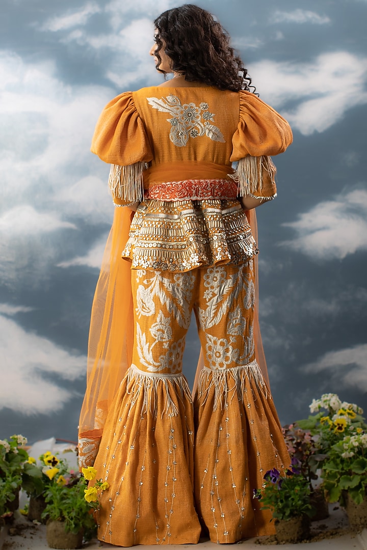 Orange Cotton Zari Hand Embroidered Gharara Set by Saksham and Neharicka at Pernia's Pop Up Shop