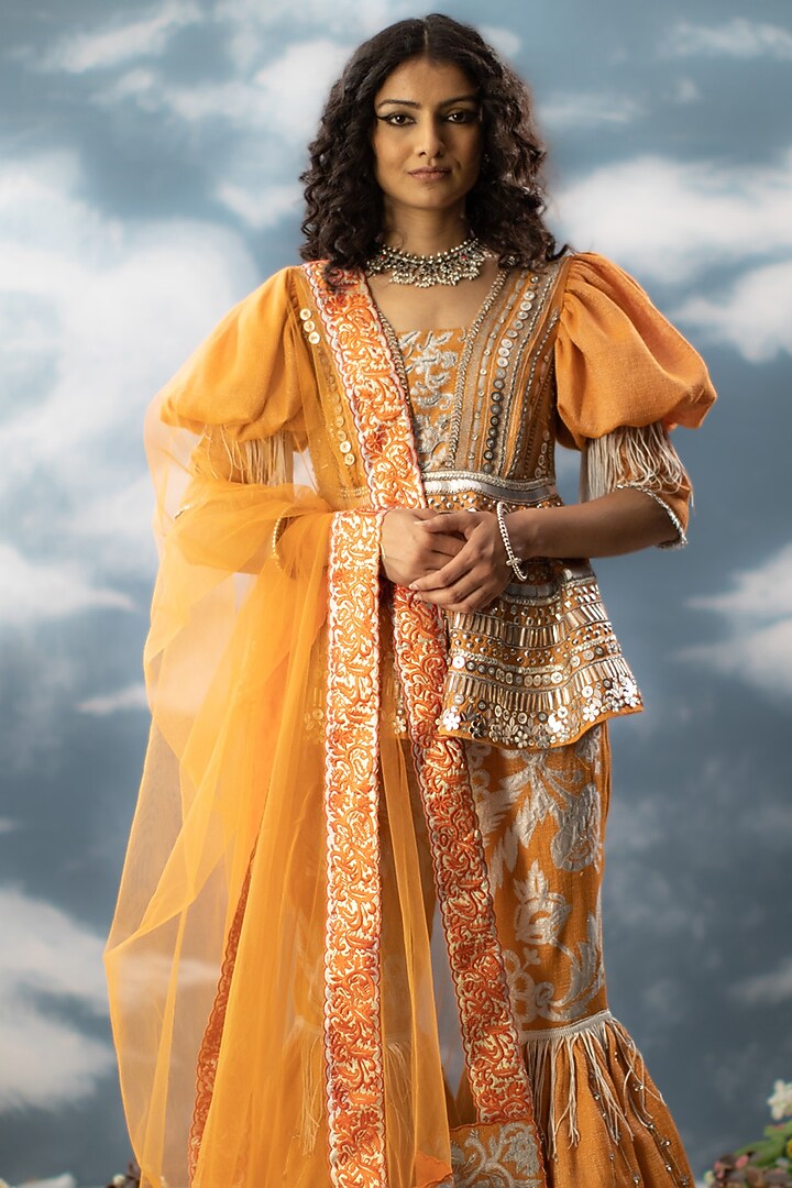 Orange Cotton Zari Hand Embroidered Gharara Set by Saksham and Neharicka at Pernia's Pop Up Shop