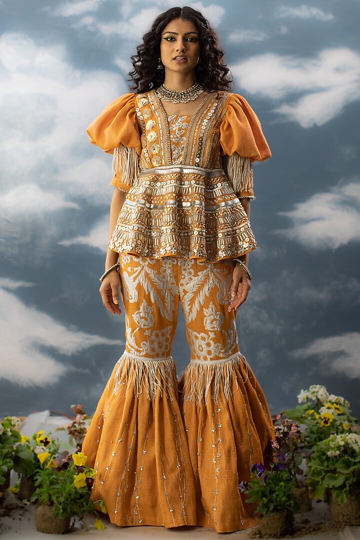 Orange Cotton Zari Hand Embroidered Gharara Set by Saksham and Neharicka at Pernia's Pop Up Shop