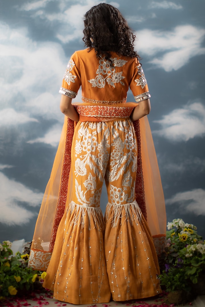 Orange Cotton Zari & Chanderi Hand Embroidered Gharara Set by Saksham and Neharicka at Pernia's Pop Up Shop