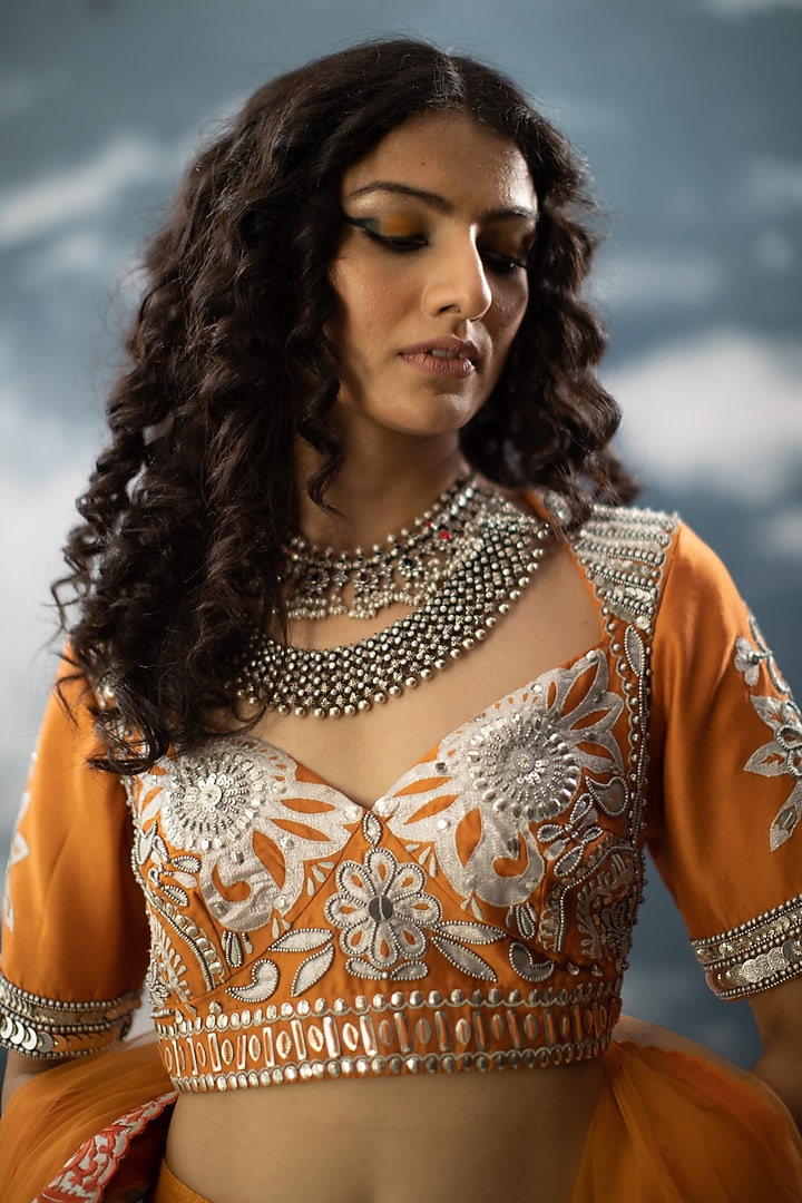 Orange Cotton Zari & Chanderi Hand Embroidered Gharara Set by Saksham and Neharicka at Pernia's Pop Up Shop