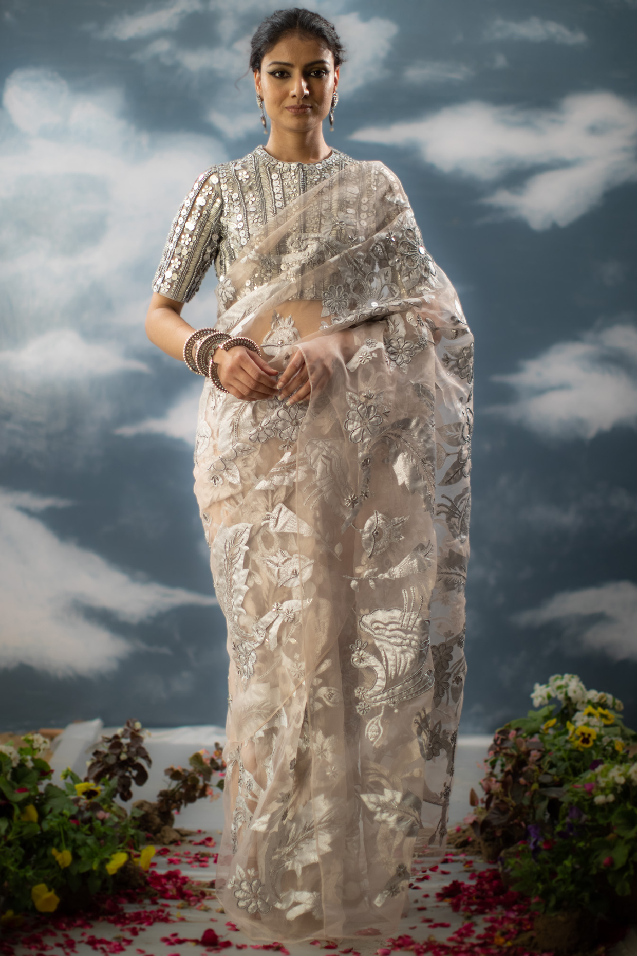Peach Glass Nylon Hand Embroidered Reception Saree Set by Saksham and Neharicka at Pernia's Pop Up Shop