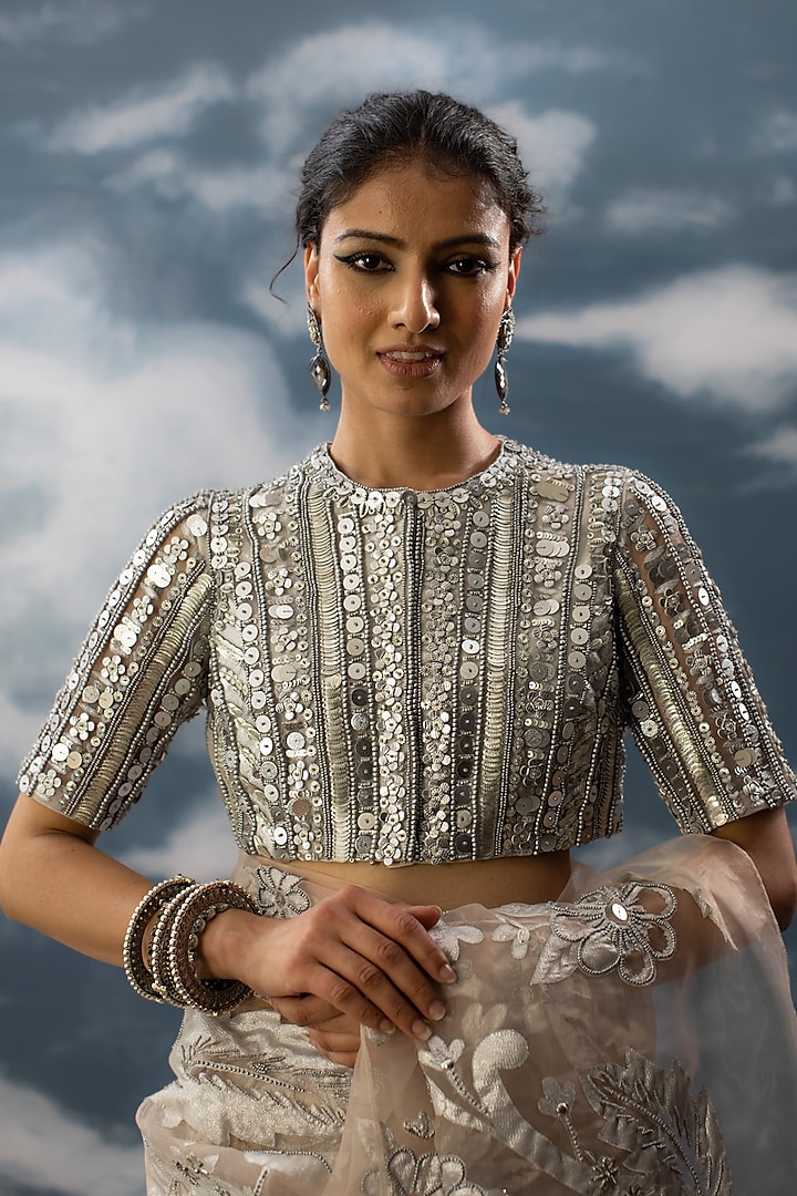 Silver Net Hand Embroidered Blouse by Saksham and Neharicka