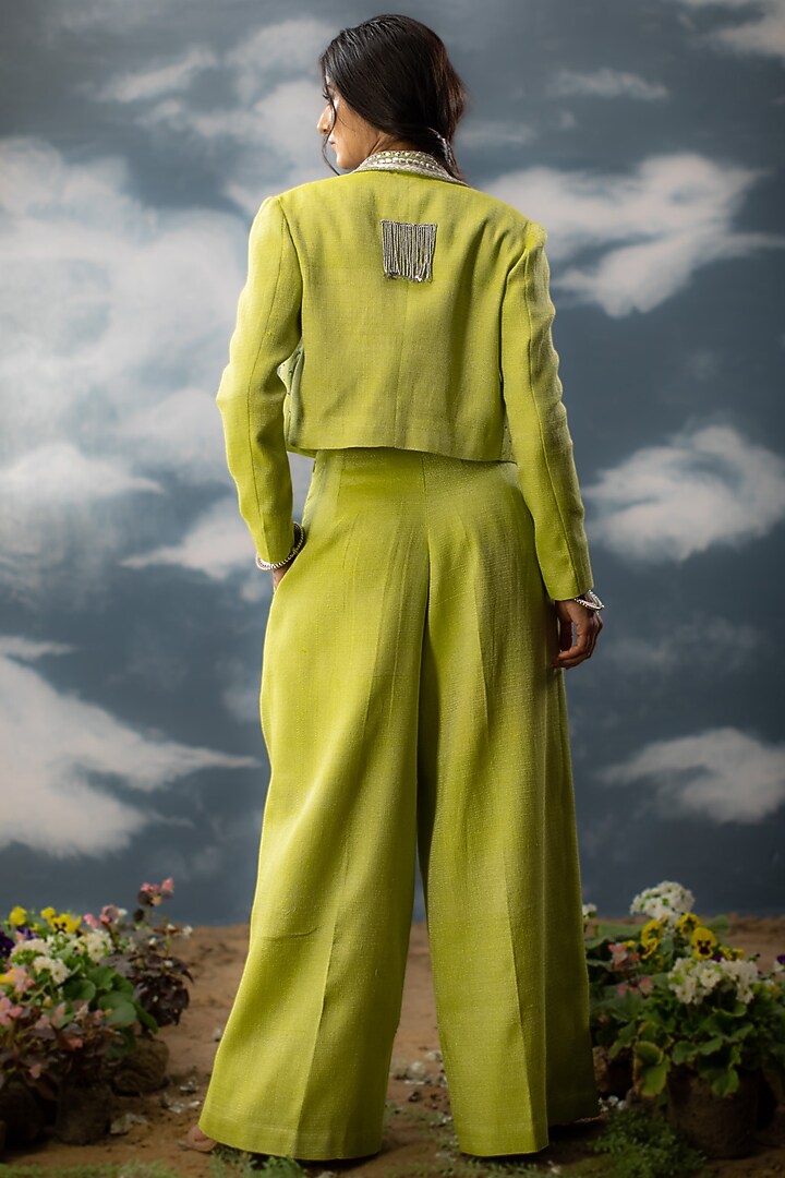 Green Cotton Zari & Chanderi Hand Embroidered Cropped Jacket Set by Saksham and Neharicka at Pernia's Pop Up Shop