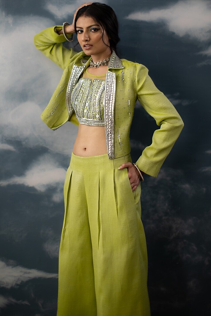 Green Cotton Zari & Chanderi Hand Embroidered Cropped Jacket Set by Saksham and Neharicka at Pernia's Pop Up Shop