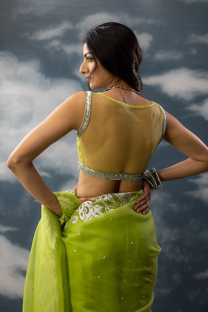 Green Chanderi & Cotton Zari Hand Embroidered Blouse by Saksham and Neharicka at Pernia's Pop Up Shop