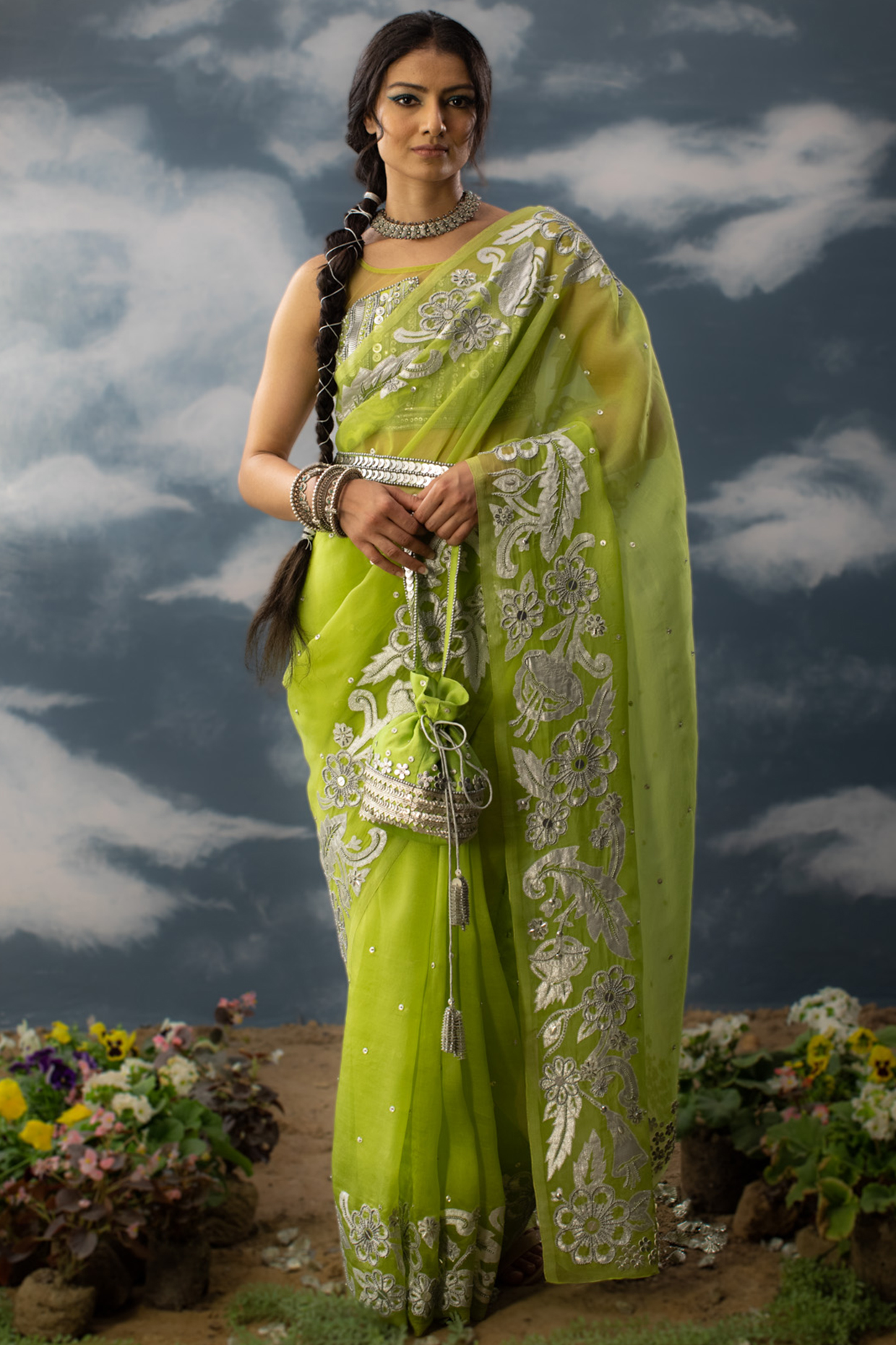 Green Silk Organza Zardosi Hand Embroidered Wedding Saree Set
 by Saksham and Neharicka at Pernia's Pop Up Shop
