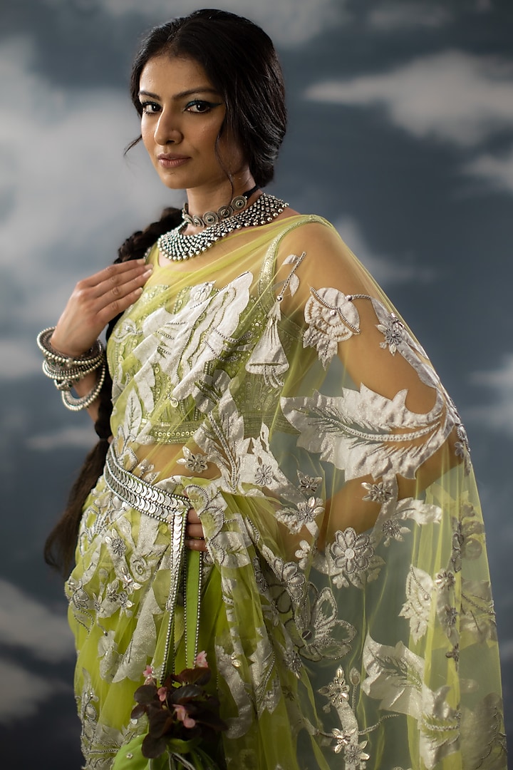 Green hand woven nylon saree with blouse