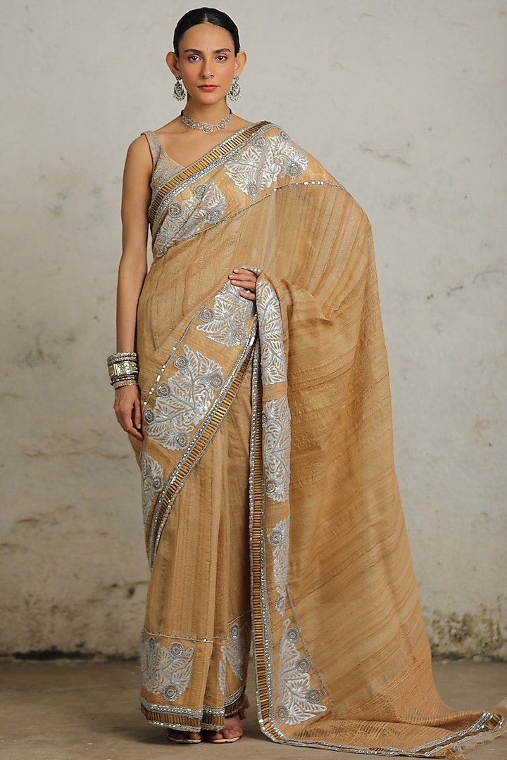 Beige Tussar Silk Aari Hand Embroidered Saree Set by Saksham and Neharicka at Pernia's Pop Up Shop