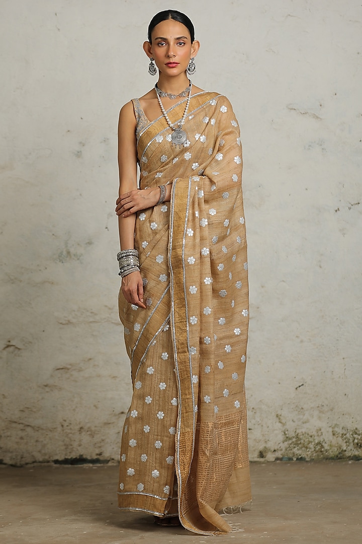 Beige Tussar Silk Hand Embroidered Saree Set by Saksham and Neharicka at Pernia's Pop Up Shop