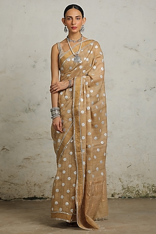 Beige Tussar Silk Hand Embroidered Saree Set by Saksham and Neharicka