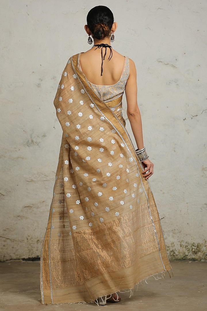 Beige Tussar Silk Hand Embroidered Wedding Saree Set by Saksham and Neharicka at Pernia's Pop Up Shop