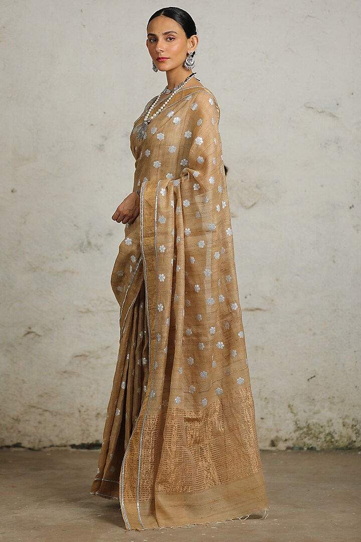 Beige Tussar Silk Hand Embroidered Wedding Saree Set by Saksham and Neharicka at Pernia's Pop Up Shop