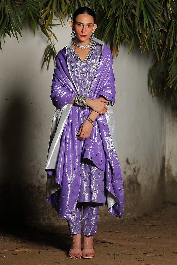 Purple Cotton Lurex Sequins Hand Embroidered A-Line Kurta Set by Saksham and Neharicka at Pernia's Pop Up Shop