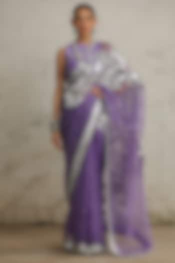 Purple Organza Aari Hand Embroidered Saree Set by Saksham and Neharicka at Pernia's Pop Up Shop