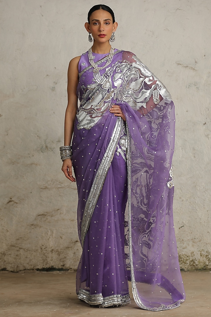 Purple Organza Aari Hand Embroidered Saree Set by Saksham and Neharicka at Pernia's Pop Up Shop