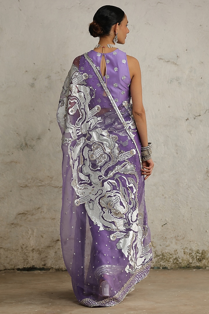 Purple Organza Aari Hand Embroidered Wedding Saree Set by Saksham and Neharicka at Pernia's Pop Up Shop