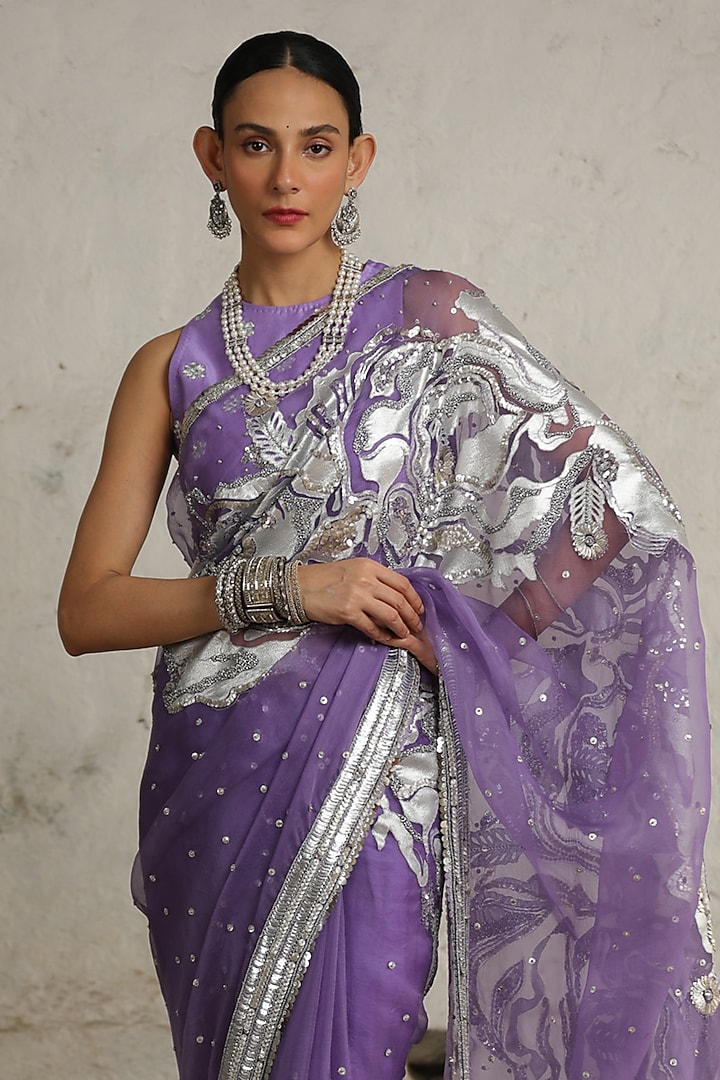 Purple Organza Aari Hand Embroidered Wedding Saree Set by Saksham and Neharicka at Pernia's Pop Up Shop