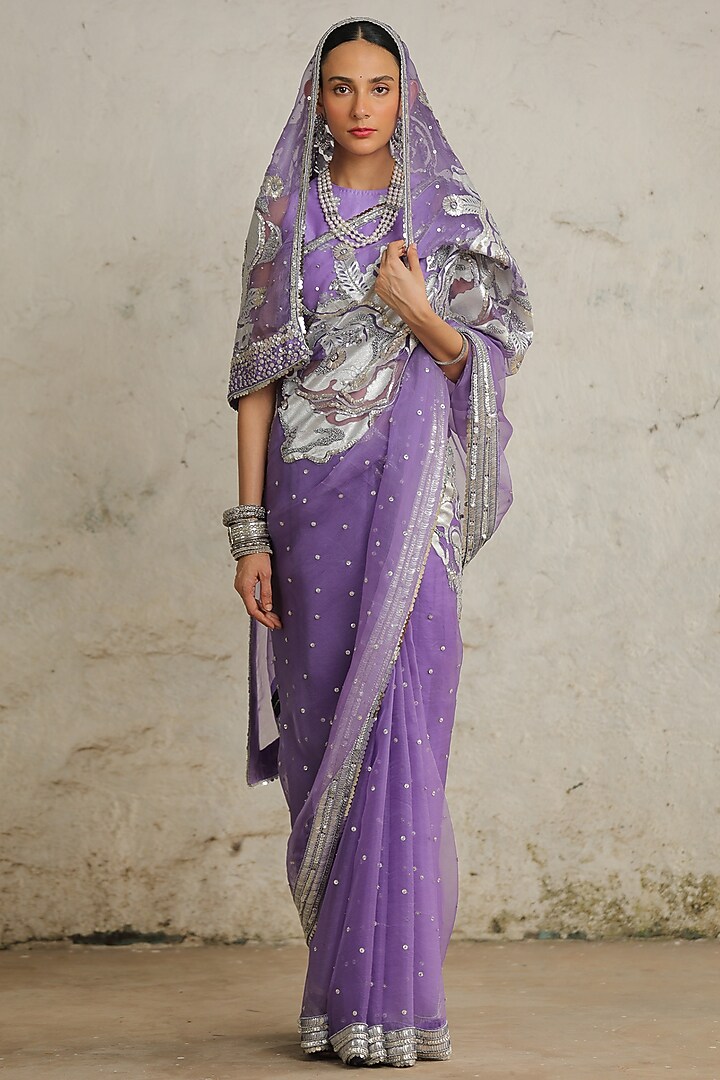 Purple Organza Aari Hand Embroidered Wedding Saree Set by Saksham and Neharicka at Pernia's Pop Up Shop