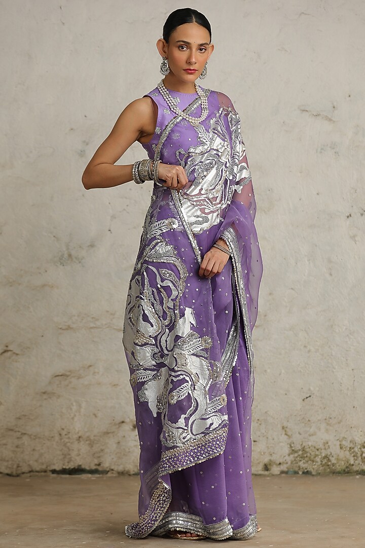 Purple Organza Aari Hand Embroidered Wedding Saree Set by Saksham and Neharicka at Pernia's Pop Up Shop