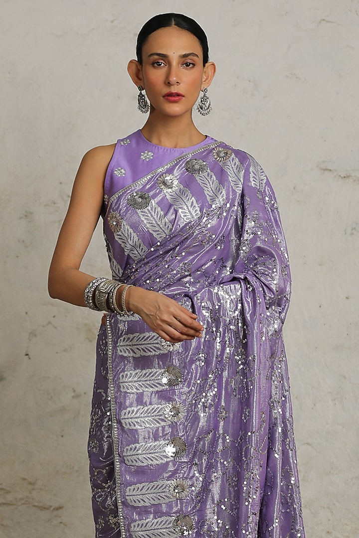 Purple Cotton Lurex Hand Embroidered Wedding Saree Set by Saksham and Neharicka at Pernia's Pop Up Shop