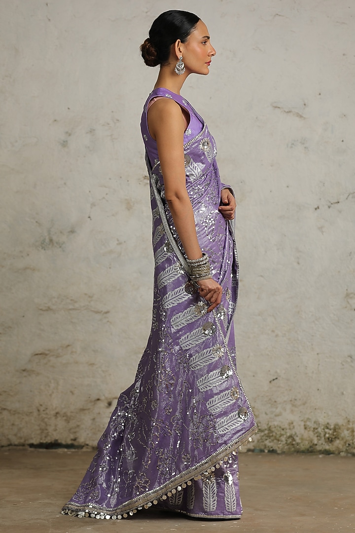 Purple Cotton Lurex Hand Embroidered Wedding Saree Set by Saksham and Neharicka at Pernia's Pop Up Shop