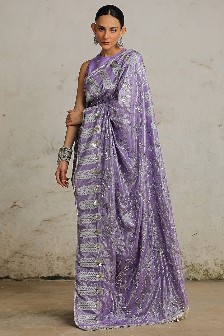 Purple Cotton Lurex Hand Embroidered Wedding Saree Set by Saksham and Neharicka at Pernia's Pop Up Shop