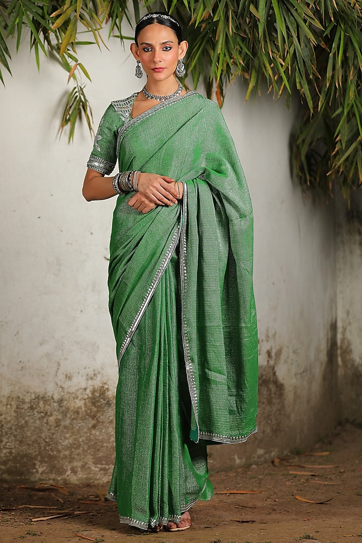 Green Organza Hand Embroidered Saree Set by Saksham and Neharicka at Pernia's Pop Up Shop