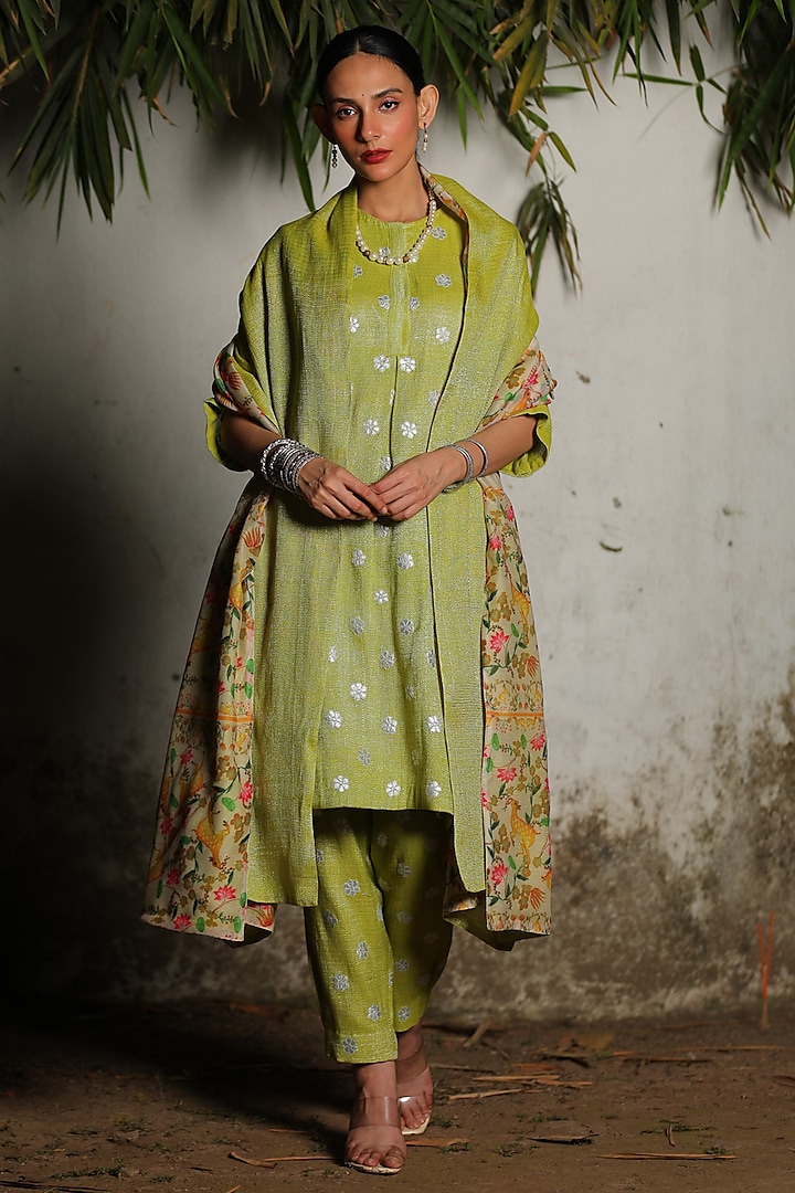 Green Chanderi Applique Hand Embroidered A-Line Kurta Set by Saksham and Neharicka at Pernia's Pop Up Shop