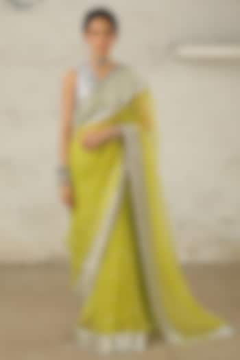 Green Organza Aari Hand Embroidered Saree Set by Saksham and Neharicka at Pernia's Pop Up Shop