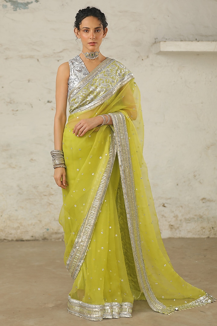 Green Organza Aari Hand Embroidered Saree Set by Saksham and Neharicka at Pernia's Pop Up Shop