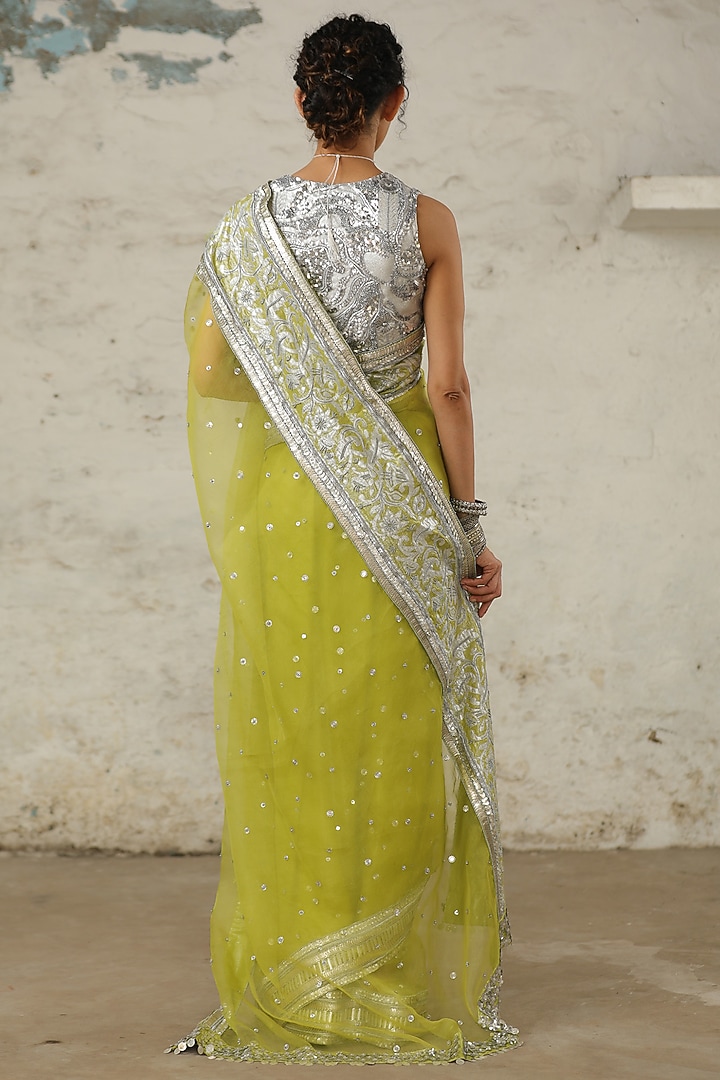 Green Organza Aari Hand Embroidered Wedding Saree Set by Saksham and Neharicka at Pernia's Pop Up Shop
