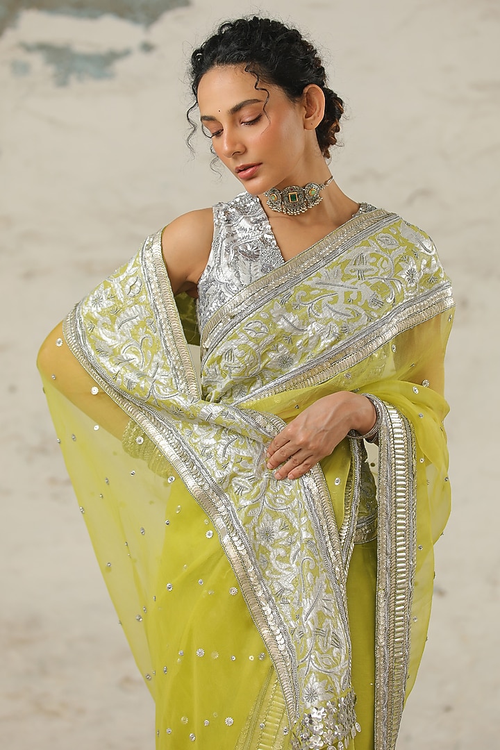 Green Organza Aari Hand Embroidered Wedding Saree Set by Saksham and Neharicka at Pernia's Pop Up Shop