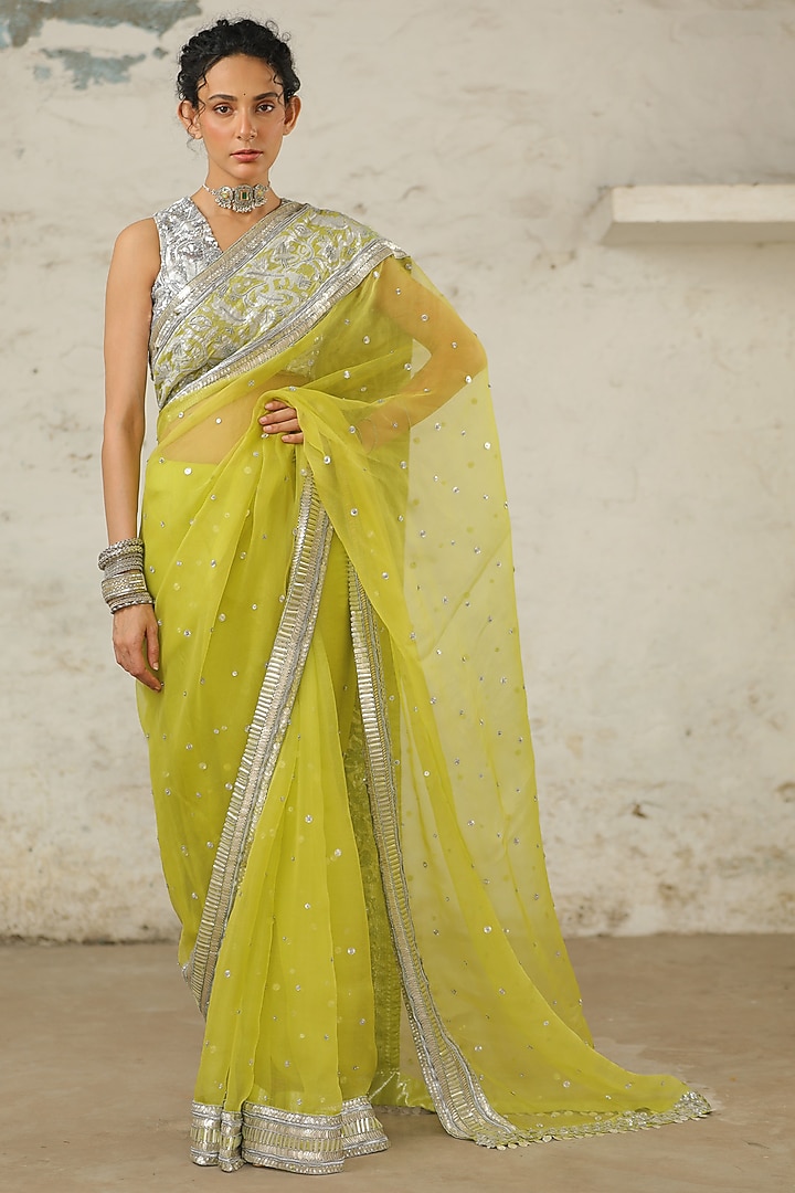 Green Organza Aari Hand Embroidered Wedding Saree Set by Saksham and Neharicka at Pernia's Pop Up Shop