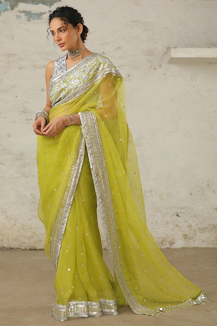 Green Organza Aari Hand Embroidered Wedding Saree Set by Saksham and Neharicka at Pernia's Pop Up Shop