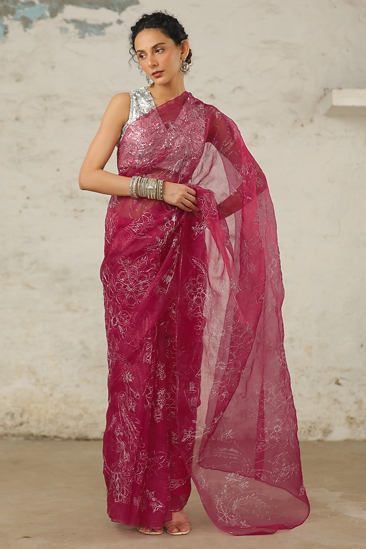 Pink Organza Floral Jaal Hand Embroidered Saree Set by Saksham and Neharicka at Pernia's Pop Up Shop