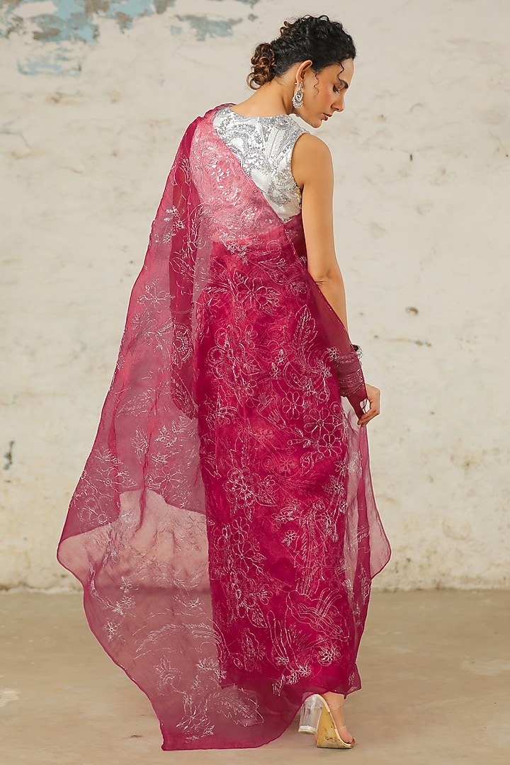 Pink Organza Floral Jaal Hand Embroidered Wedding Saree Set by Saksham and Neharicka at Pernia's Pop Up Shop