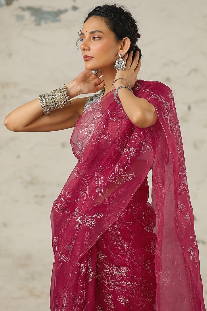 Pink Organza Floral Jaal Hand Embroidered Wedding Saree Set by Saksham and Neharicka at Pernia's Pop Up Shop