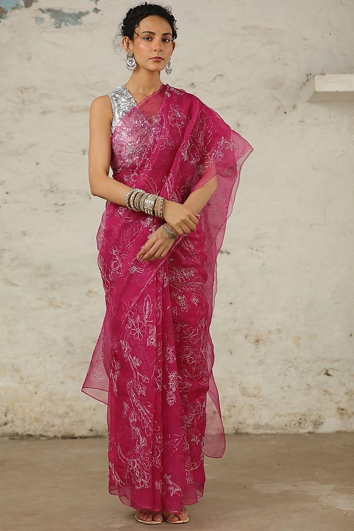 Pink Organza Floral Jaal Hand Embroidered Wedding Saree Set by Saksham and Neharicka at Pernia's Pop Up Shop