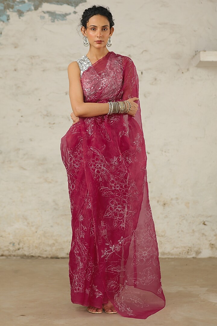 Pink Organza Floral Jaal Hand Embroidered Wedding Saree Set by Saksham and Neharicka at Pernia's Pop Up Shop