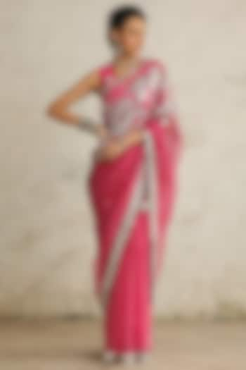 Pink Organza Aari Hand Embroidered Saree Set by Saksham and Neharicka at Pernia's Pop Up Shop