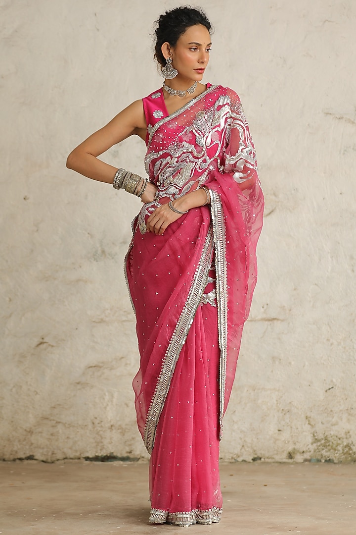 Pink Organza Aari Hand Embroidered Saree Set by Saksham and Neharicka at Pernia's Pop Up Shop