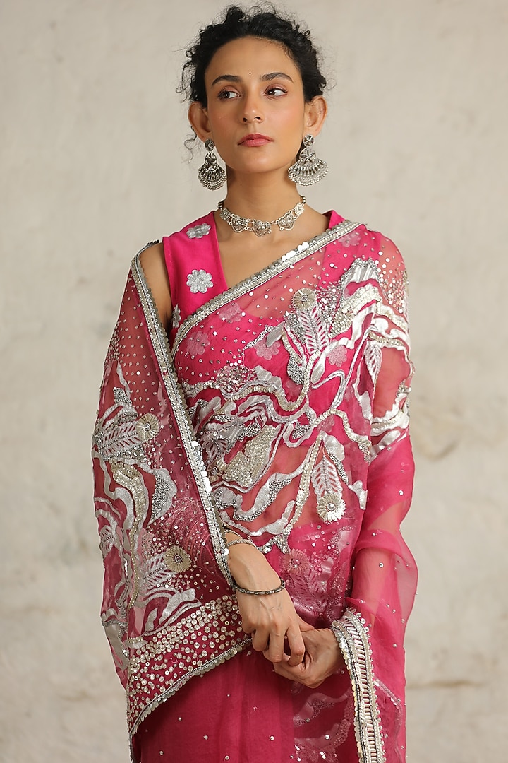 Pink Organza Aari Hand Embroidered Wedding Saree Set by Saksham and Neharicka at Pernia's Pop Up Shop
