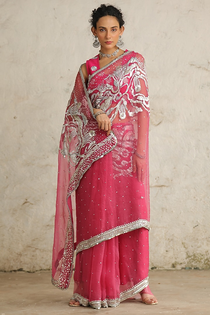 Pink Organza Aari Hand Embroidered Wedding Saree Set by Saksham and Neharicka at Pernia's Pop Up Shop